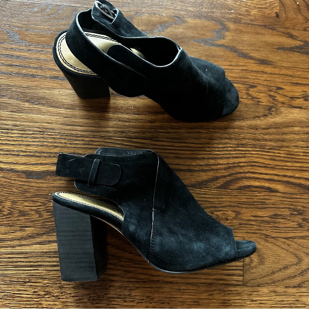 Black Suede Peep Toe Heeled Booties - Picture 2 of 16